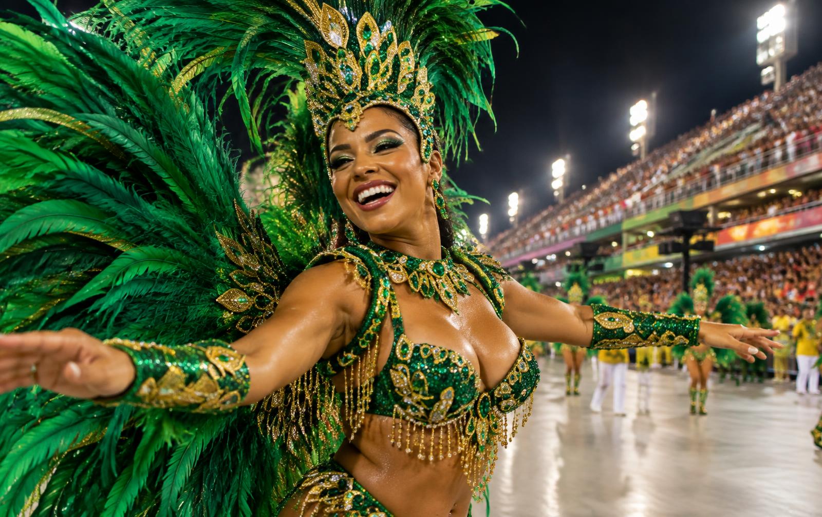 Passista celebra na avenida durante desfile de carnaval